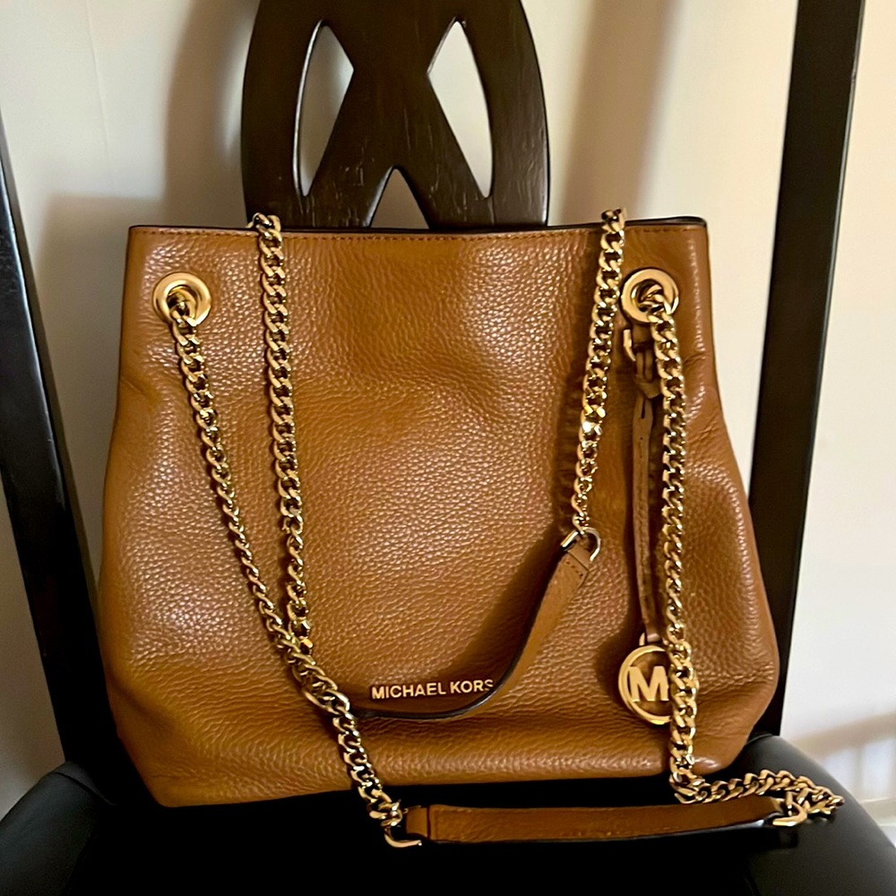 KORS Michael Kors Brown Leather Shoulder Bag with Gold Chain